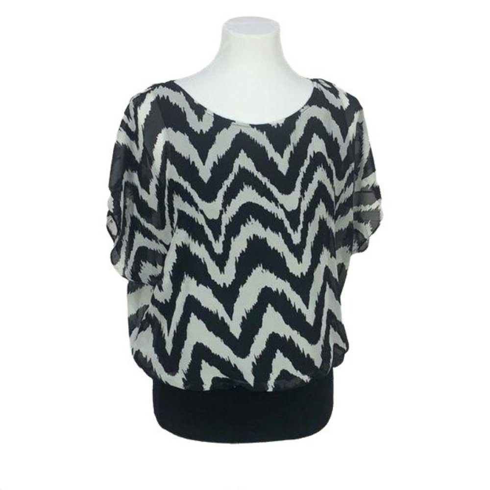 AB Studio Women's Black White Chevron Print Business Office Blouse Size Small